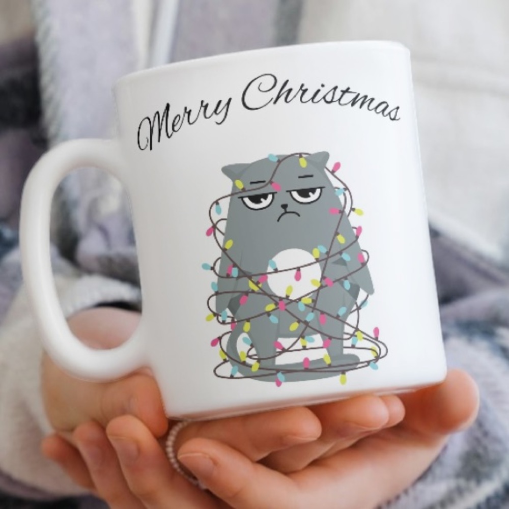 Festive Merry Christmas Mug with a Playful Cat in Lights!